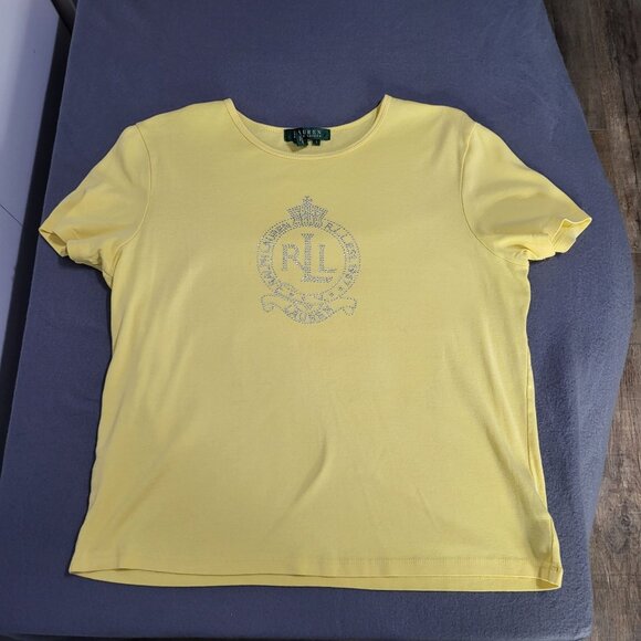 Lauren Ralph Lauren Tops - LAUREN RALPH LAUREN Women's LG Pastel Yellow Rhinestone Logo T Shirt Y2K